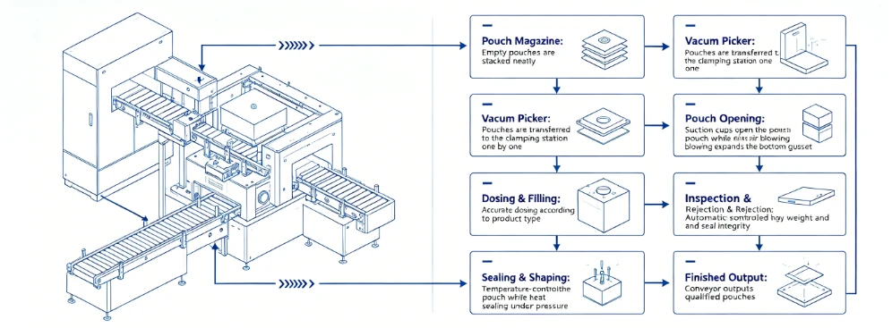 workflow of doypack filling machine